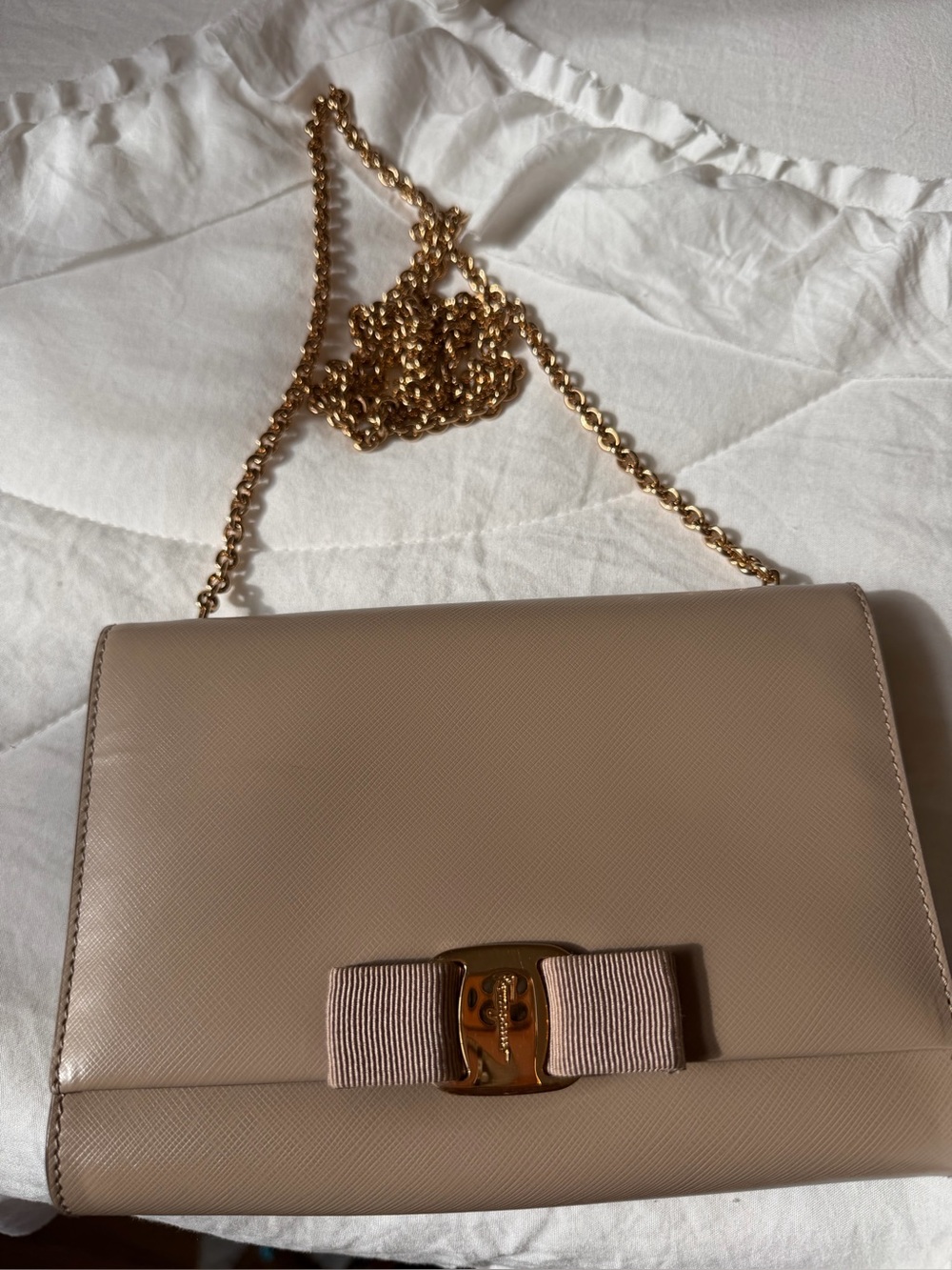 Salvatore Ferragamo Taupe Leather Vara Bow Chain Crossbody